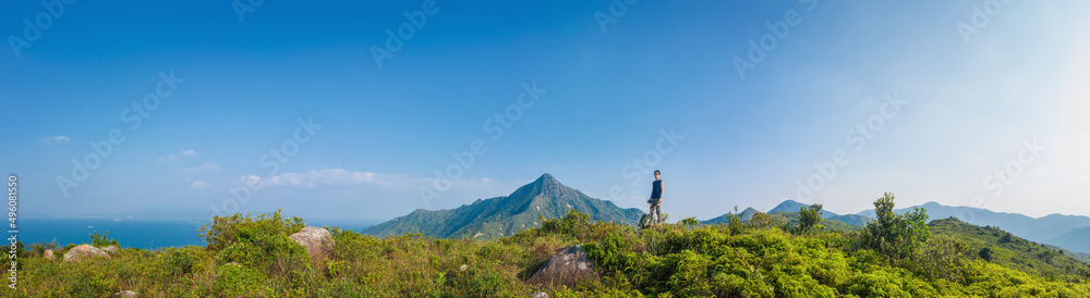 Panorama of Man hiking in mountain, Autumn, Sai Kung..