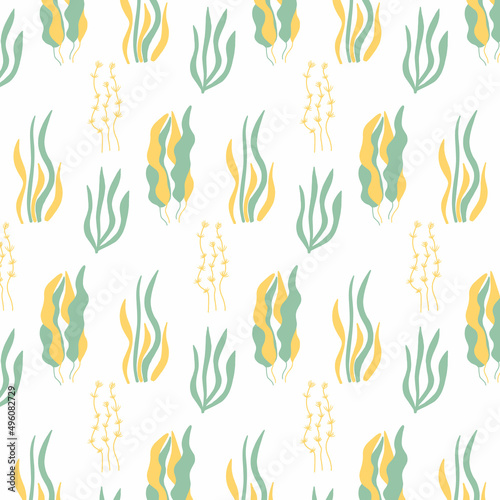 Vector seamless pattern with yellow-green algae. Children s hand-drawn pattern with algae.