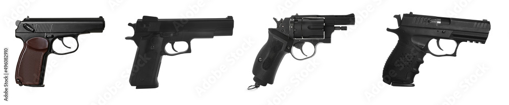 Set with different handguns on white background. Banner design