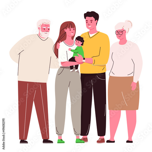Happy family together. Family portrait grandparents and young parents. Vector cartoon illustration