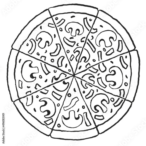 Vegetarian Pizza with mushrooms hand drawn sketch. Black and white Doodle style vector illustration