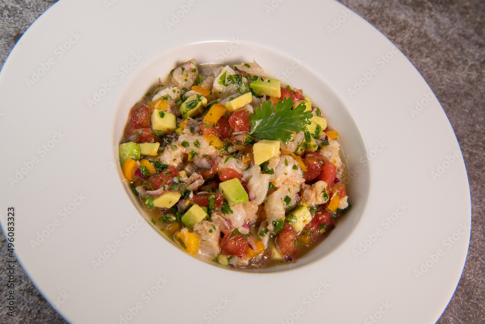 Cod Ceviche recipe, bread in oil and garlic. High quality photo Cod Ceviche recipe, bread in oil and garlic. High quality photo