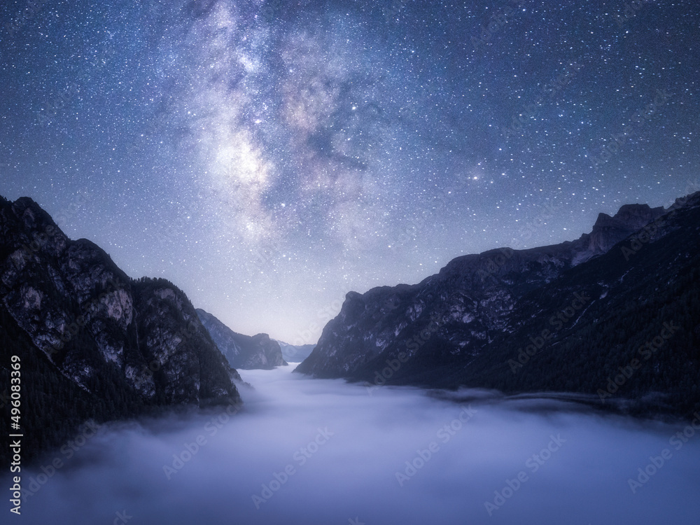 A clear night full of stars in the Italian Dolomites.