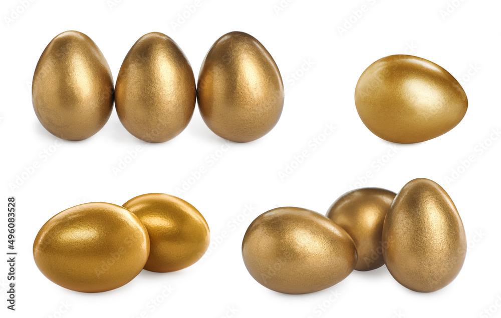 Set with shiny golden eggs on white background Set with shiny golden eggs on white background