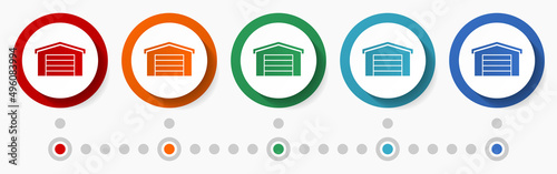 Garage, building concept vector icon set, flat design colorful buttons, infographic template in 5 color options