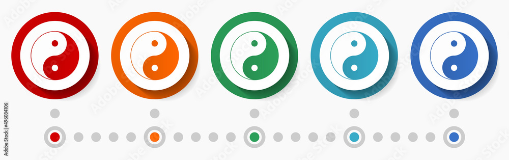 Ying yang concept vector icon set, flat design colorful buttons, infographic template in 5 color options Ying yang concept vector icon set, flat design colorful buttons, infographic template in 5 color options
