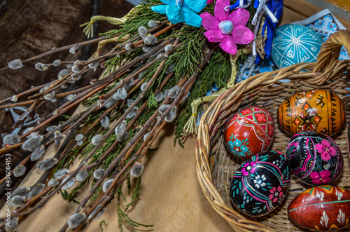 Easter eggs in basket .Basket with beautiful Easter eggs