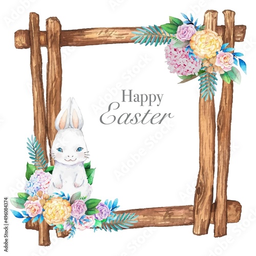 Watercolor wooden frame with spring easter decoration. Vector illustration.