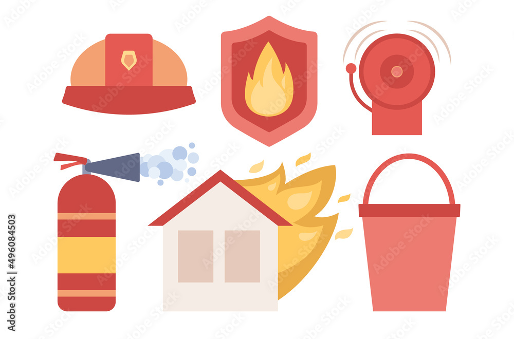 Fire fighting equipment set. Fire protection icons. Fire safety ...