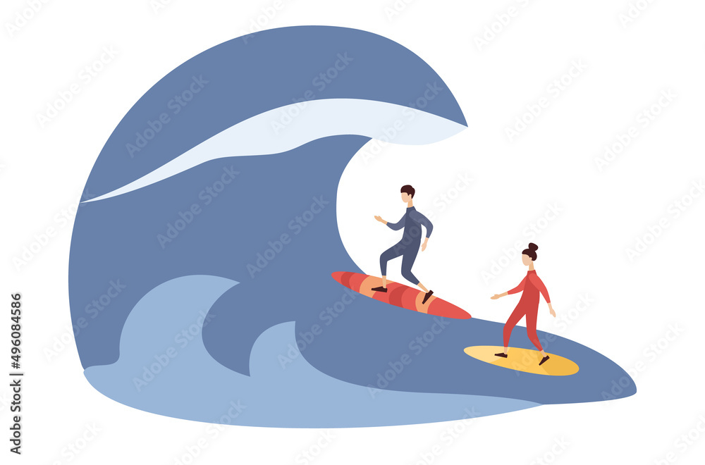 Surf people. Surfers standing on surfboard on big wave. Surfing concept. Vector flat illustration Surf people. Surfers standing on surfboard on big wave. Surfing concept. Vector flat illustration