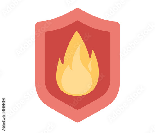 Fire protection icon. Shield with fire sign. Fire safety, fire extinguishing system, flame, alert , flammable concept. Vector flat illustration