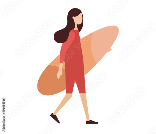 Surfer woman with surfboard. Surf people. Surfing concept. Beach water sport. Vector flat illustration