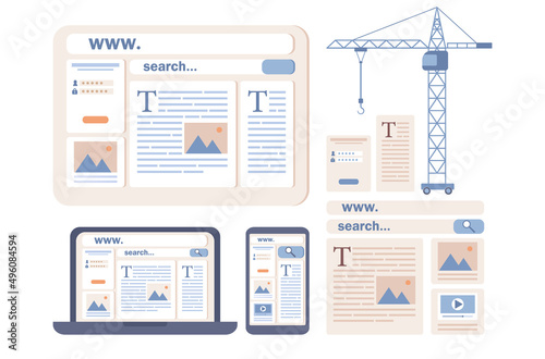 Web design icon. User interface development concept. Site creation with blocks in browser or mobile app. Website layout online service or platform. Vector flat illustration