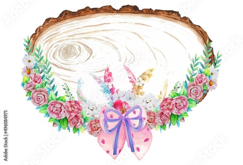 Watercolor wooden frame with spring easter decoration. Vector illustration.