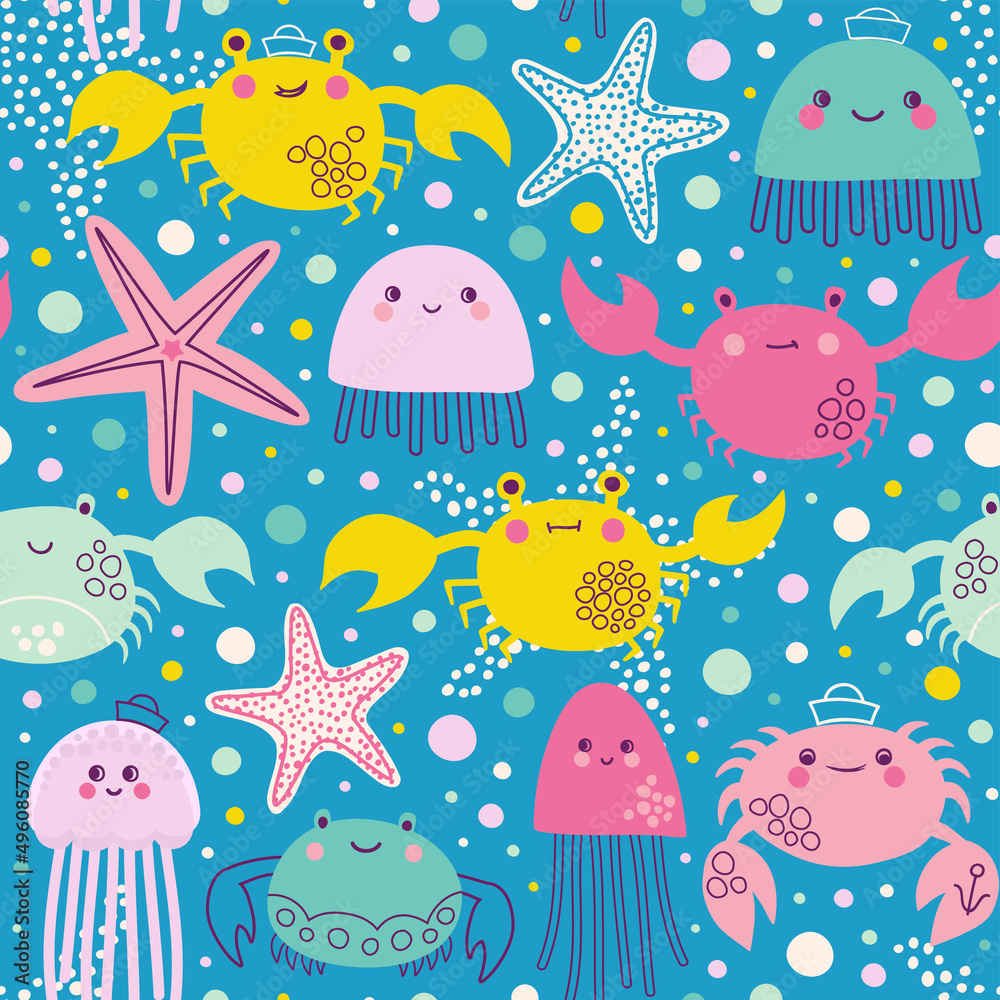 Vector pattern with marine animals. Seamless background with starfish, crabs, and jellyfish. 