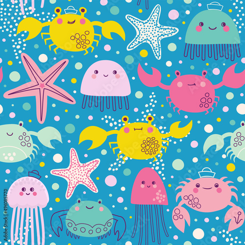 Vector pattern with marine animals. Seamless background with starfish, crabs, and jellyfish. 