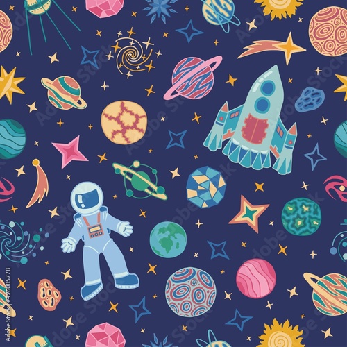 Vector seamless pattern with cosmonaut, rocket, planets, sun, comets, stars. Сute childish cosmic illustration with astronaut and rocket in universe. Space elements on the starry dark background.