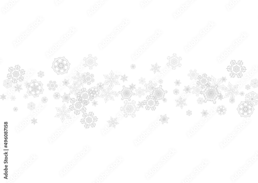 Snowflakes falling on white background. Horizontal Christmas and Happy New Year theme. Silver falling snowflakes for banner, gift card, party invitation, partner compliment and special business offers