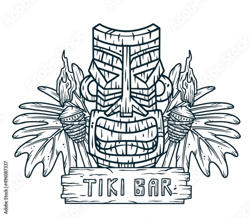 Surfing tiki mask hawaii wooden tiki mask for trendy bar. Traditional ethnic idol and hawaiian surf, maori or polynesian. Design old tribal totem