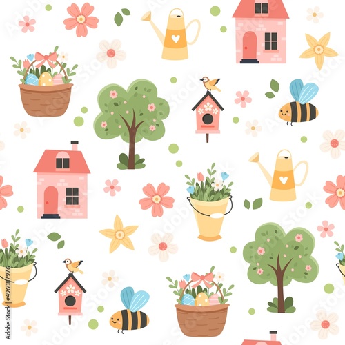 Spring pattern with cute elements - cherry blossom, easter egg basket, house, bees and flowers. Vector illustration in flat cartoon style