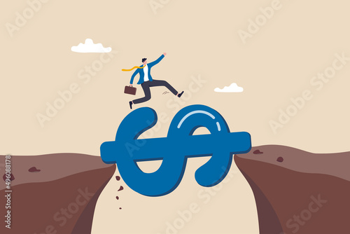 Money to rescue or support business to survive, financial help solution to get pass crisis, budget or loan payment concept, businessman jump pass cliff gap with money dollar sign bridge.