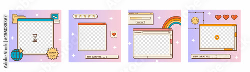 Set of linear vaporwave ig post or stories templates for social media. Abstract retro 80s 90s aesthetic groovy backgrounds with old computer user interface dialog window and nostalgic elements. Vector