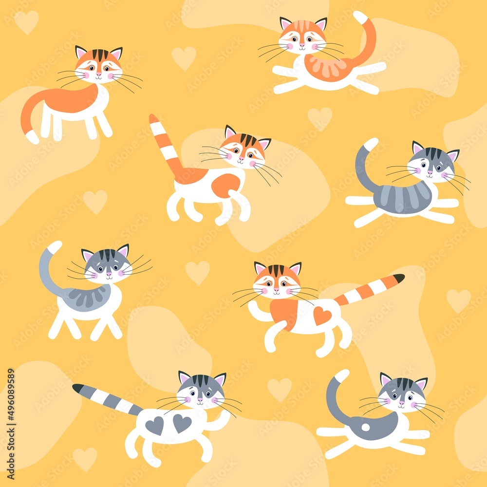 Seamless animal print for fabric with cute cartoon gray-white and orange-white cats on a yellow-orange background in vector.
