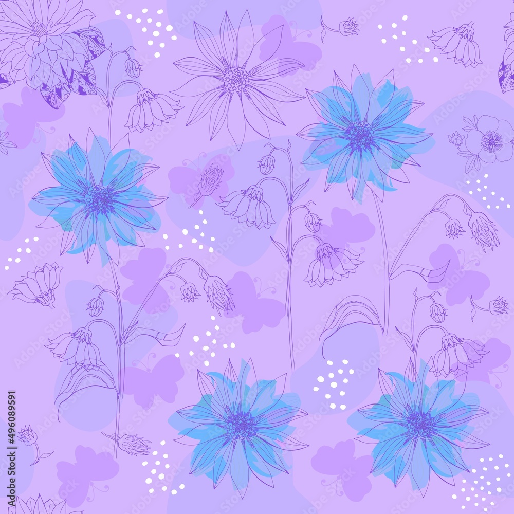 Delicate floral ornament with Jerusalem artichoke and butterflies silhouettes in light purple and blue tones. Seamless print for fabric. Natural pattern in vector.