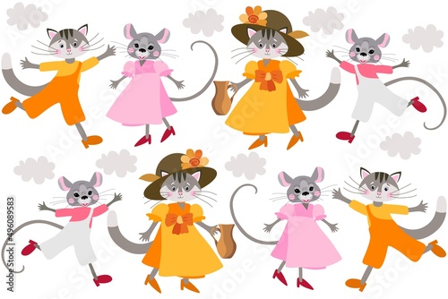 Wonderful collection of cute cartoon cats and mice in dresses and pants. Wonderful prints for children's clothing, for boys and girls. Pattern for bed linen for kids. Fairy tale animal background.
