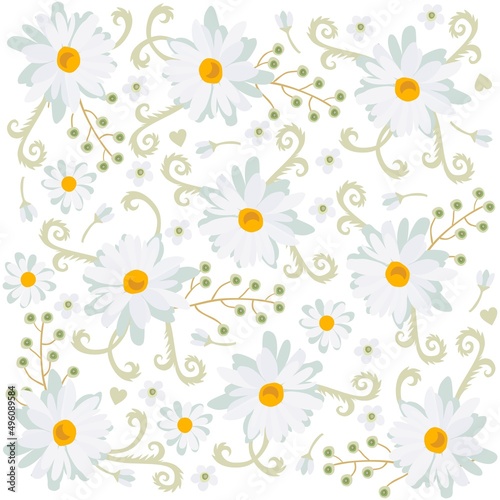 Large white daisies, green bird cherry berries, tiny flowers and buds isolated on white background. Natural seamless ditsy pattern. Wonderful print for clothing fabric, bed linen.