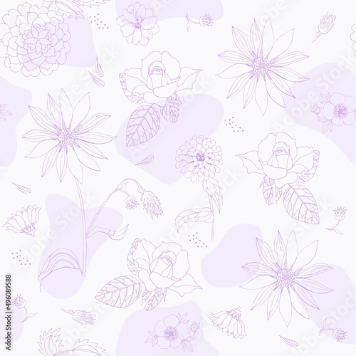 Gentle monochrome lilac natural pattern with zinnia, Jerusalem artichoke, rose, delphinium and other flowers on a white background. Seamless floral print for fabric. Excellent lingerie fabric.