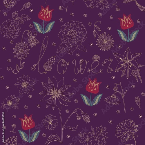 Wonderful natural ornament with golden outline garden flowers and colorful embroidered tulips on a deep magenta background. Beautiful vector illustration. Seamless print for fabric.