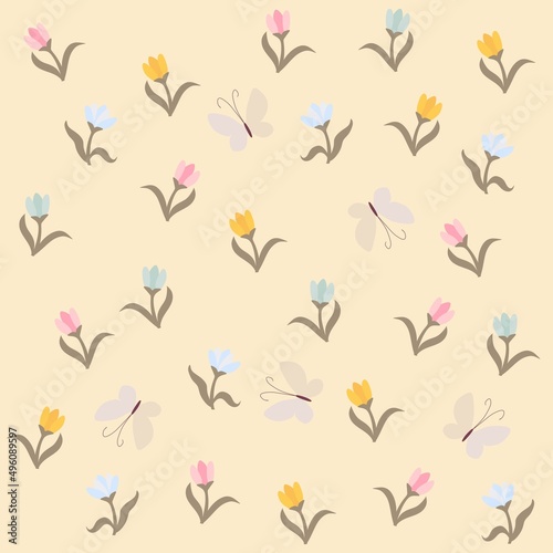 Spring ditsy pattern with small tulips and butterflies with mother-of-pearl wings on a whitewashed yellow background. Seamless fabric print for baby in vector.