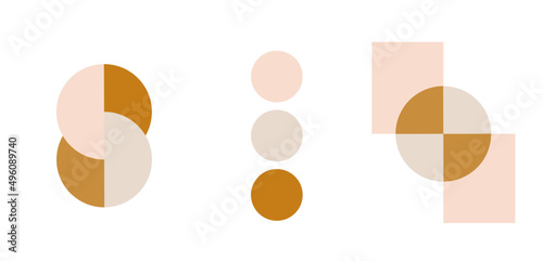 Collection of modern simple artistic posters with geometric shapes (colored circles) on a white background, bauhaus style