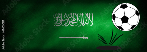 A jumping football in front of the flag of Saudi Arabia