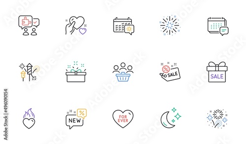 Puzzle, Fireworks explosion and Present box line icons for website, printing. Collection of Message, Sale offer, Fireworks icons. Buyers, Heart flame, New web elements. Travel calendar. Vector