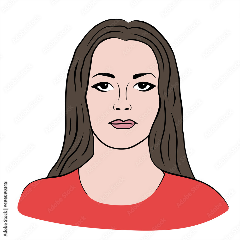 A European woman. A girl with fair skin. A hand-drawn portrait. The brunette. Looks at the camera. Isolated on white. A European woman. A girl with fair skin. A hand-drawn portrait. The brunette. Looks at the camera. Isolated on white.