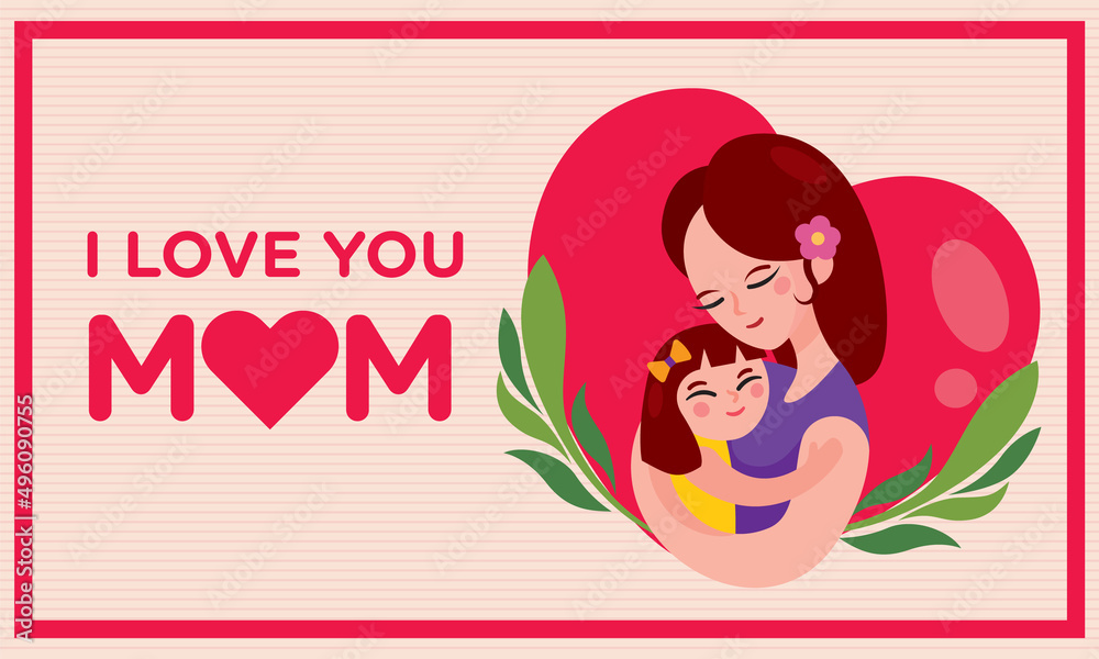 Happy Mother's Day greetings design. Cartoon mother hugging daughter in arm on love shaped background illustration Happy Mother's Day greetings design. Cartoon mother hugging daughter in arm on love shaped background illustration