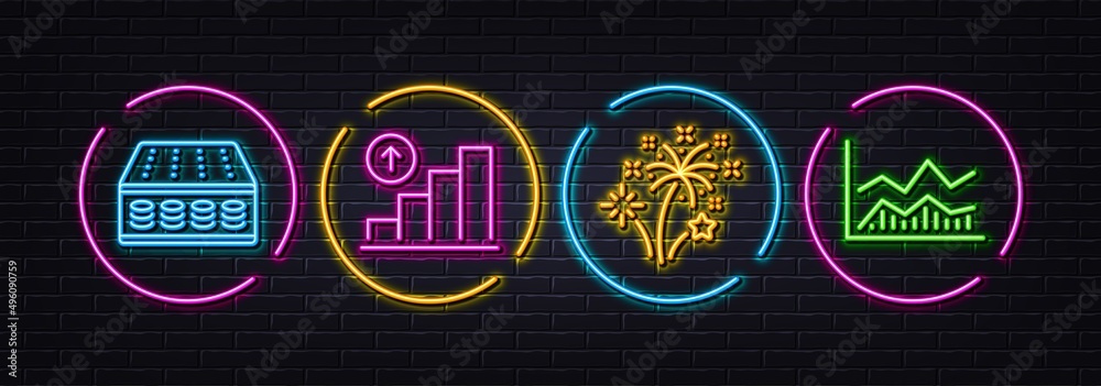 Graph chart, Fireworks and Mattress minimal line icons. Neon laser 3d lights. Trade infochart icons. For web, application, printing. Growth report, Pyrotechnic salute, Pocket sprung. Vector