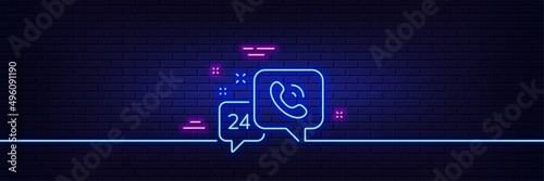 Neon light glow effect. 24 hour service line icon. Call support sign. Feedback chat symbol. 3d line neon glow icon. Brick wall banner. 24h service outline. Vector