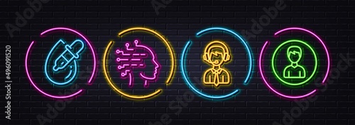 Eye drops, Shipping support and Artificial intelligence minimal line icons. Neon laser 3d lights. Person icons. For web, application, printing. Pipette, Delivery manager, Mind intellect. Vector