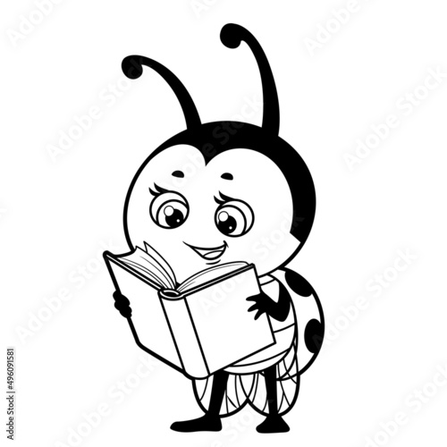 Cute cartoon ladybug read a book outlined for coloring page on white background