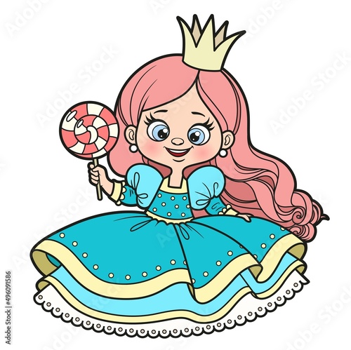 Cute cartoon princess with a big candy drawing color variation for coloring page on a white background