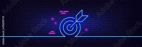 Neon light glow effect. Target purpose line icon. Stratery goal sign. Core value symbol. 3d line neon glow icon. Brick wall banner. Target purpose outline. Vector