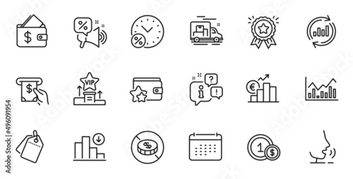 Outline set of Infochart, Loyalty award and Sale tags line icons for web application. Talk, information, delivery truck outline icon. Include Atm service, Vip podium, Decreasing graph icons. Vector