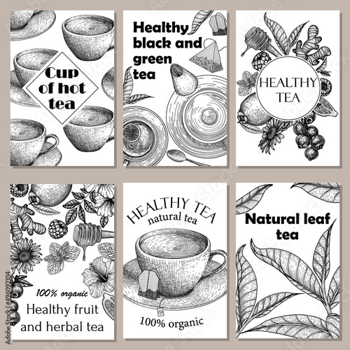 Set of 6 vector graphic banner templates for teahouse. Tea cups, teapot, spoon, lemon, mint, tea leaves, raspberries, currants, honey, hibiscus, rose hips in engraving style