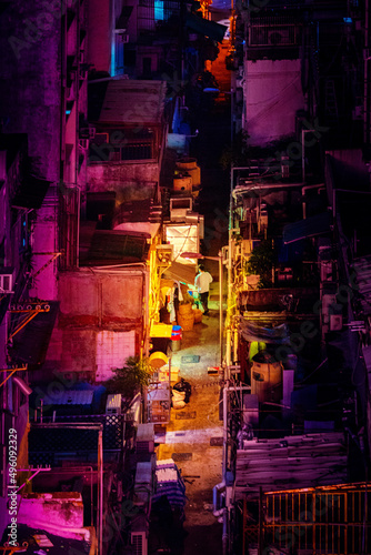 Photography Night at dark back alley, Old town in Hong Kong, cyber color
