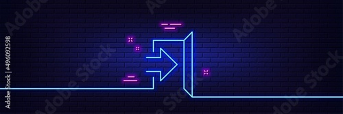 Neon light glow effect. Exit line icon. Open door sign. Entrance symbol with arrow. 3d line neon glow icon. Brick wall banner. Exit outline. Vector