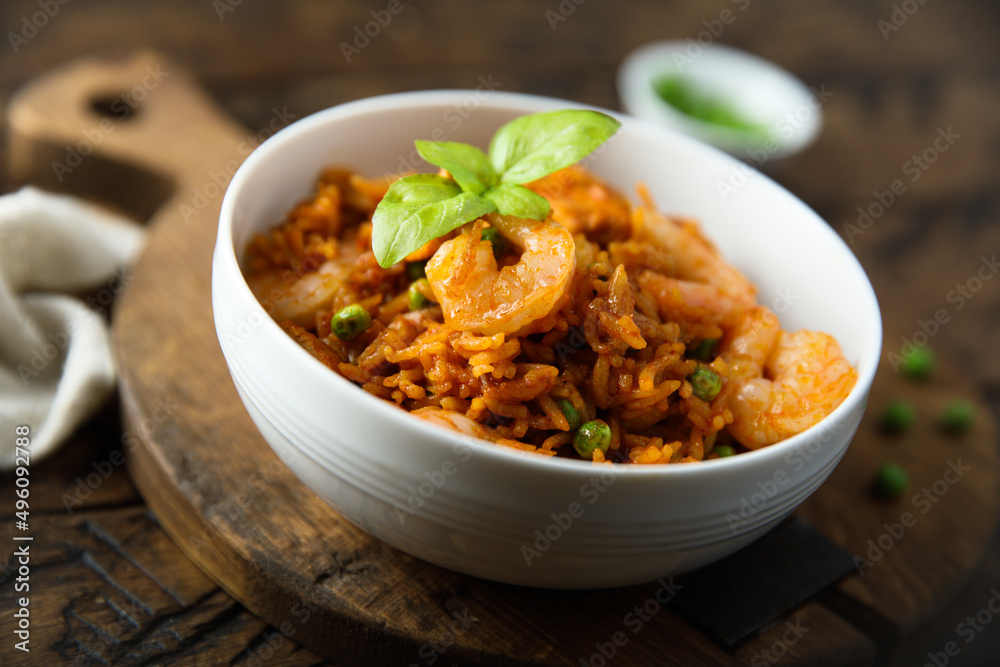 Spicy rice with shrimps and green pea Spicy rice with shrimps and green pea