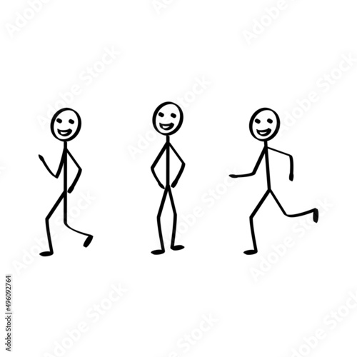 A set of funny little men in different poses, pictogram, cartoon man standing, walking, running, silhouette